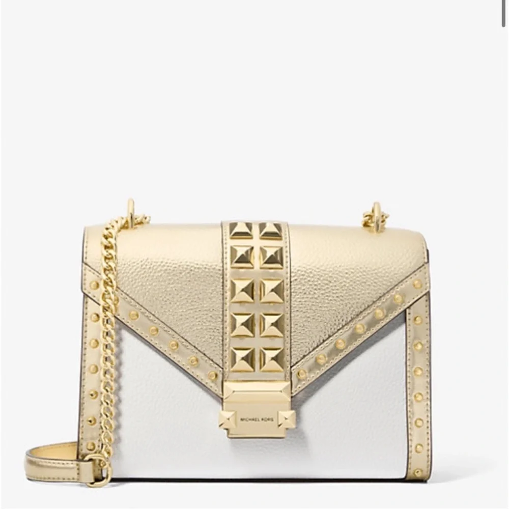 Michael Kors Whitney Studded Metallic Shoulder Crossbody Bag Gold White NWT $628